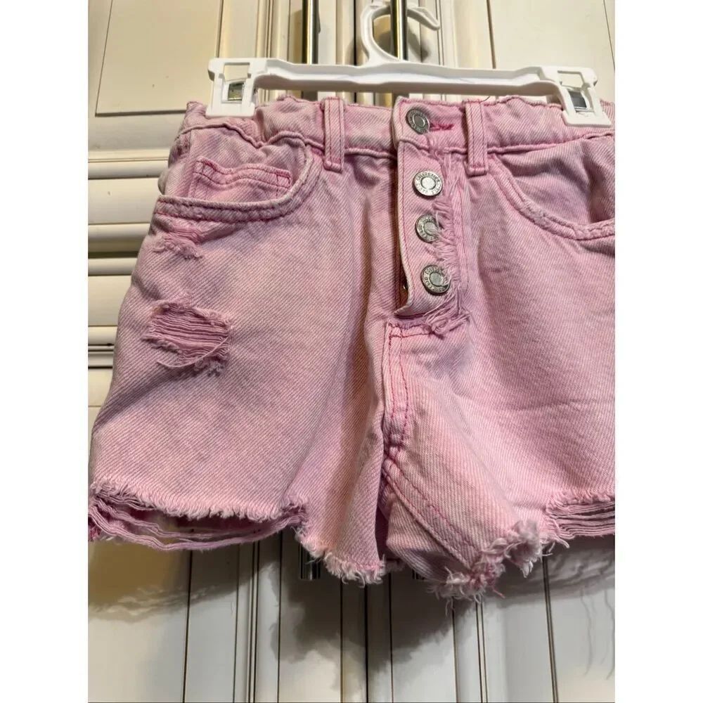 ZARA Girls Button Fly Fringe Cut Off Distressed Denim Jeans Shorts Pink Size 9